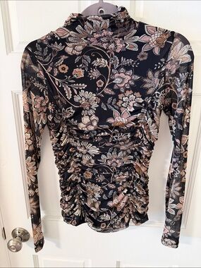 Jane & Delancey Floral Mesh Ruched Mock Neck  Long Sleeve Top Size Small